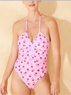Woman’s  Pink floral Halter shirred plunge neck medium coverage- Shade & Shore